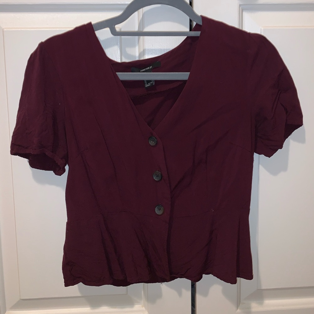 Wine colored button up v neck shirt
